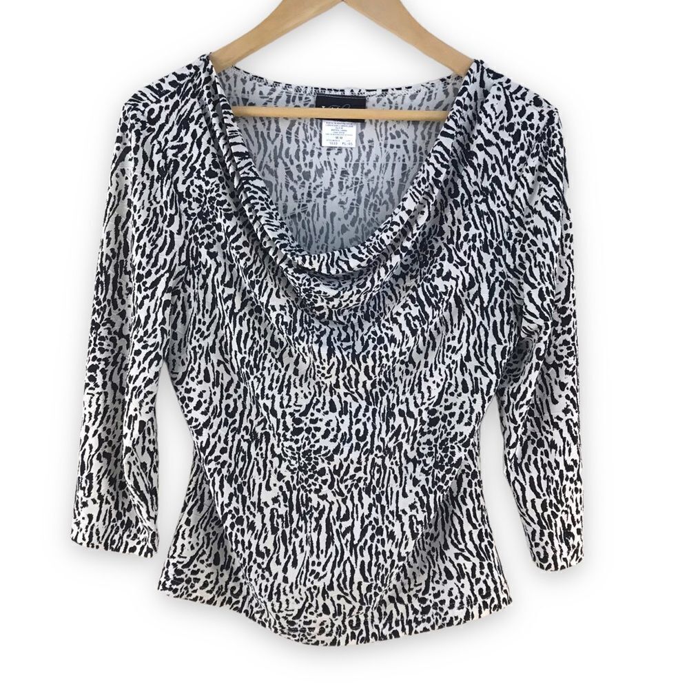 Libra Womens Cowl Neck Animal Print 3/4 Sleeve Top‎ Black White Size M 1033